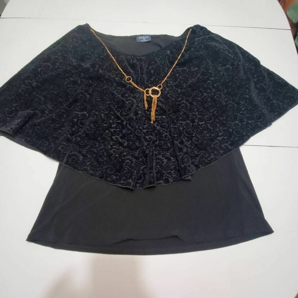 Scarlett Womens Necklace Velvet Blouse Black Floral Scoop Neck Flounce Plus 2X